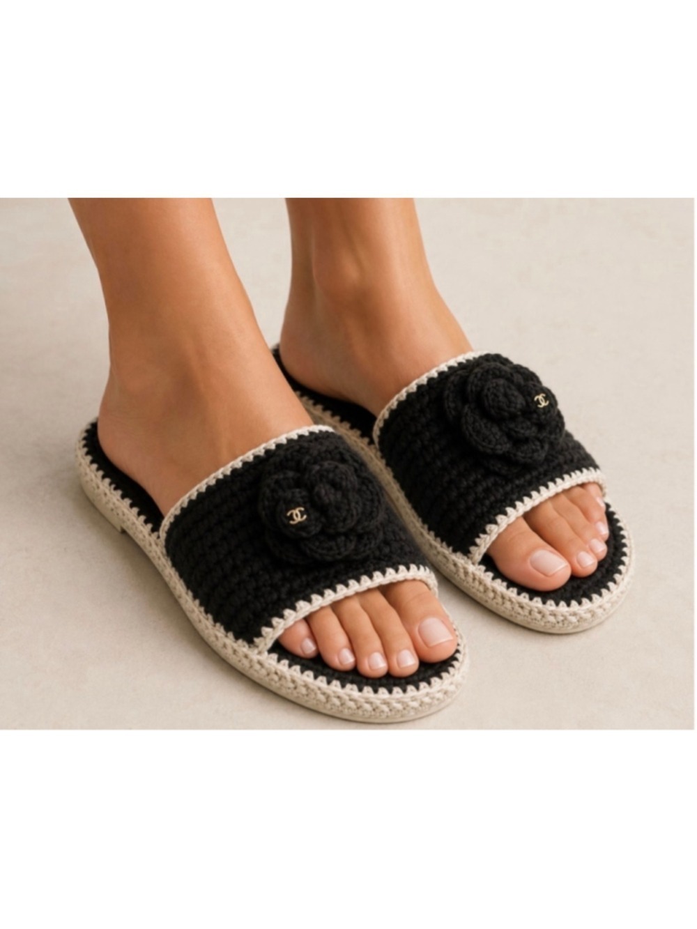 Chanel Crochet Camellia Slide Sandals in Black and Beige New 7